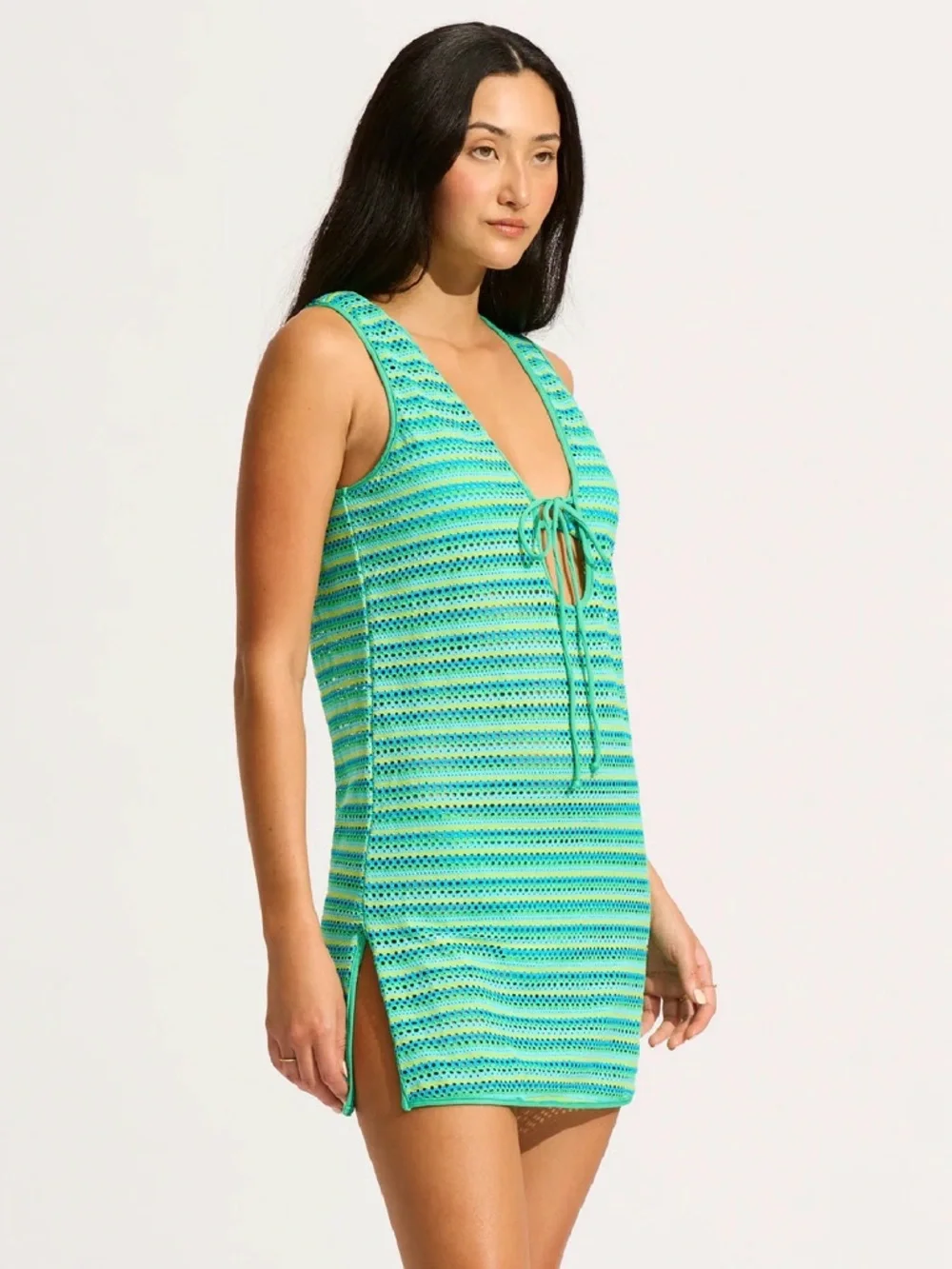 Seafolly Green Teal Striped Crochet Swim Coverup